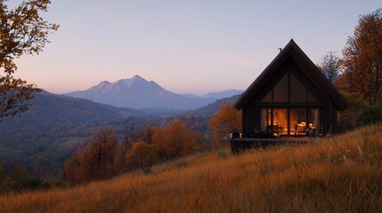 Fototapeta premium Cozy cabin with mountain view at sunset.