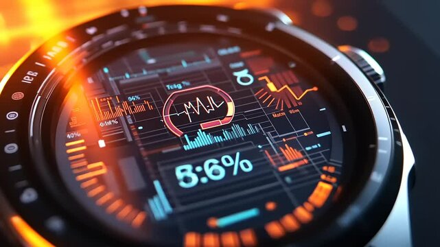 A futuristic smartwatch interface displaying health data and analytics.