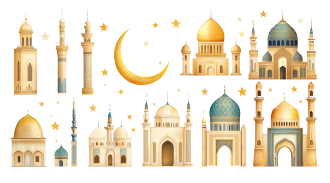 PNG, Ramadan, set of mosques with stars and moon, isolated on white background, created with Generative AI technology