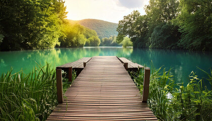 A wooden bridge with a beautiful lake background; silence and spiritual. Zen atmophere.