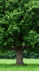 Obraz premium Majestic Tree with Lush Green Canopy Standing Tall in a Peaceful Grassy Meadow