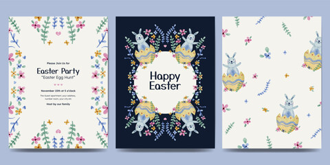 Easter day design with flower frame, easter element watercolor illustration. Easter egg hunt invitation.