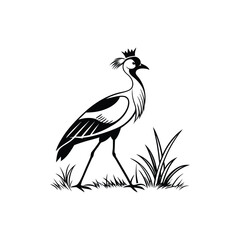 Royal Crested Bird Silhouette Standing on Grass – Vector Art