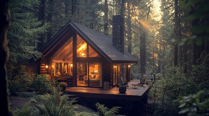 Cozy cabin in misty forest at sunrise.