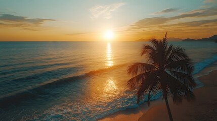 Golden Hour Glow Over Tropical Beach Paradise with Palm Tree Silhouette and Gentle Waves