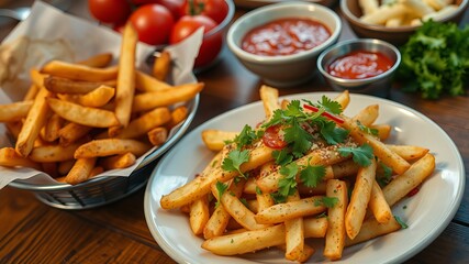 Delicious Plate of Crispy French Fries Served with Fresh Juicy Tomatoes for a Flavorful Snack Experience