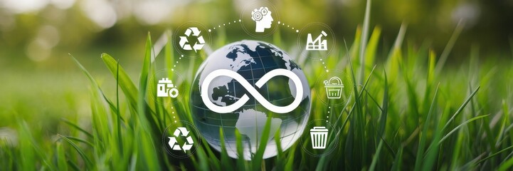 Circular economy concept shown with globe recycle symbols and grass
