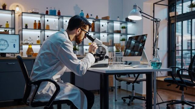 Cient&iacute;fico observando bajo microscopio en un laboratorio de alta tecnolog&iacute;a. Estudio de muestras biol&oacute;gicas y an&aacute;lisis detallado de datos cient&iacute;ficos. Ciencia y tecnolog&iacute;a moderna en el entorno de lab