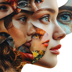 Modern Art Collage of Female Faces for Diversity Concept, Isolated on transparent background 