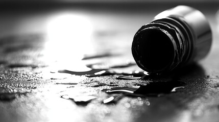 Spilled ink bottle, dark liquid, studio, reflective surface, dramatic lighting,  accident