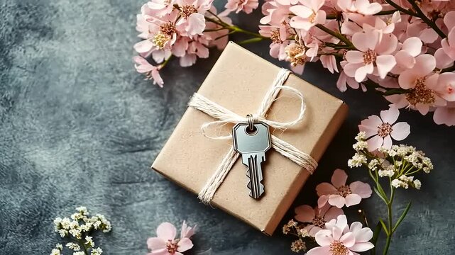 A gift wrapped in brown paper, adorned with flowers and a key, symbolizing new beginnings.