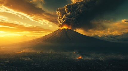 Fototapeta premium Volcanic eruption sunset city disaster landscape