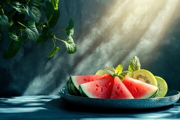 Sunlit Watermelon and Kiwi Slices: A Vibrant Summer Still Life