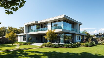 Fototapeta premium Charming Suburban House Surrounded by Lush Green Lawn and Majestic Tree Under Clear Blue Sky