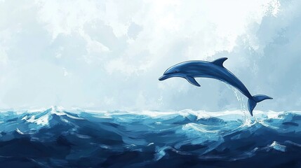 Obraz premium Dolphin leaping ocean waves, sky background, wildlife art