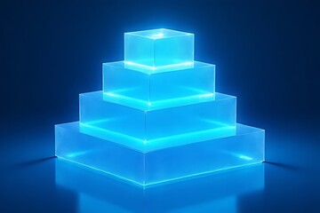 Stacked glowing blue cubes form a pyramid shape against a dark background