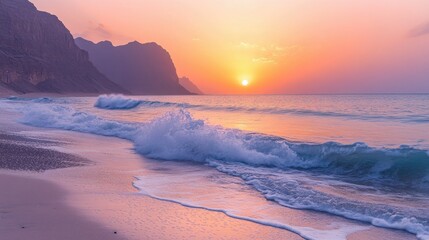 Naklejka premium Serene Sunset Coastal Scene: Pink Hues Embrace Ocean Waves at Dusk