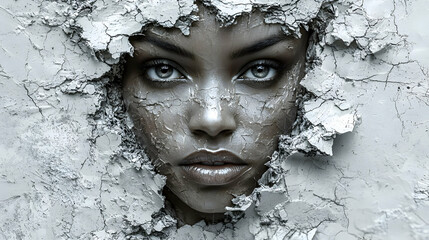 Face Emerging from Cracked Surface, Abstract Art