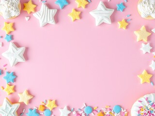 Obraz premium Dreamy Pink Background Featuring a Circle of Stars and Colorful Confetti Creating a Festive Vibe