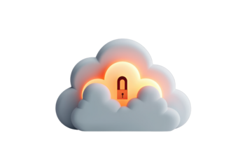 Data security concept. A secure cloud symbol featuring a locked door amidst fluffy clouds.
