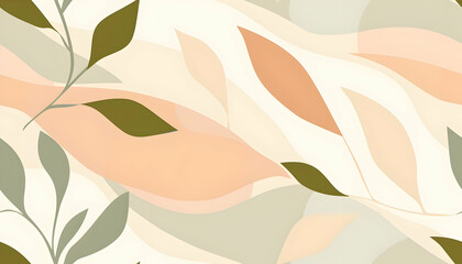 Abstract design featuring flowing shapes and leaves in soft colors.