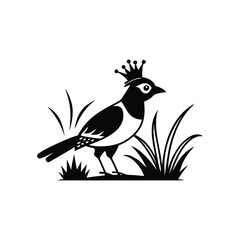Royal Crested Bird Silhouette Standing on Grass – Vector Art