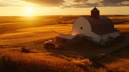 Golden Hour Farm: A Serene Sunset over Rolling Fields and a Rustic Barn