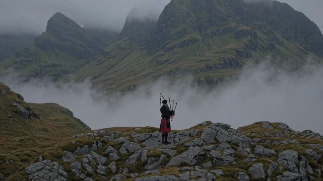 A video captures a lone bagpiper in traditional attire on a rocky hilltop, surrounded by misty mountains. Wide-angle shot emphasizes the vast landscape.