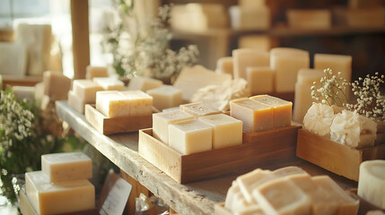 Handmade Soaps Displayed on Wooden Shelves with Neutral Colors and Natural Lighting