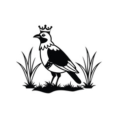 Royal Crested Bird Silhouette Standing on Grass – Vector Art