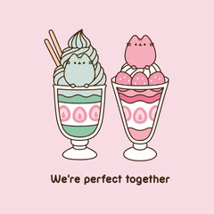 A kawaii-style illustration of two Pusheen cats as parfait desserts, one with mint ice cream and the other with strawberry ice cream, with the caption 