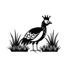 Royal Crested Bird Silhouette Standing on Grass – Vector Art