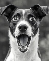 Obraz premium Expressive Border Collie Portrait in Black and White with Open Mouth and Wide Eyes