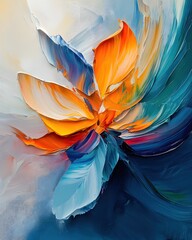 Abstract Floral Painting with Bold Strokes of Orange White and Blue in a Modern Style