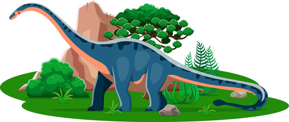 Shunosaurus prehistoric dinosaur cartoon character. Isolated vector ancient herbivore sauropod reptile animal in natural environment with rock, tree and plants. Mid Jurassic paleontology era lizard © Vector Tradition