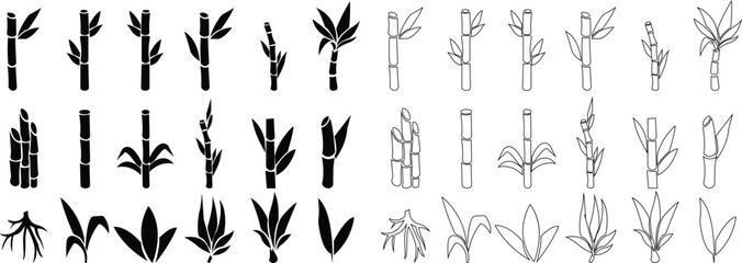 Bamboo, sugarcane vector icon set, in glyph style designs elements, sweeteners for drinks. leaves, sugar ingredient stem. Design elements for social network and application. on transparent background.