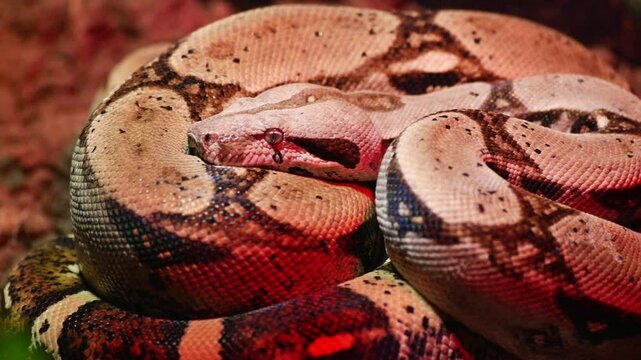 Boa constrictor resting under low light in natural habitat