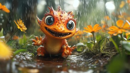 Happy dragonlet, rain, forest, flowers, puddle, animation