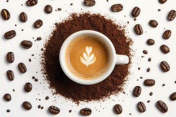 Obraz premium Elevated espresso experience with a premium cup surrounded by rich coffee textures and aromatic beans. Generative AI