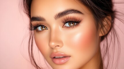 Fototapeta premium Woman, face, makeup, lashes, beauty, pink, studio, headshot, cosmetics, advertising
