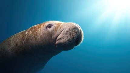 Fototapeta premium Close-up of a manatee's face, with its large eyes and whiskers, viewed from the side as it swims through a clear blue ocean. 