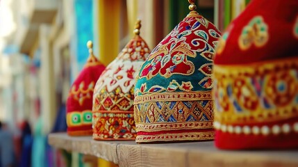 Colorful embroidered hats displayed outdoors, vibrant market background
