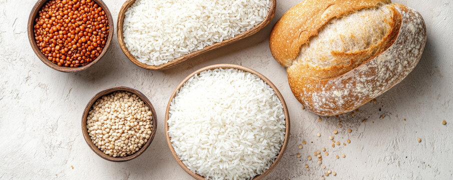 Fresh white rice, whole grain bread, and assorted grains in bowls create wholesome and nutritious display. Perfect for healthy meal preparation and cooking inspiration