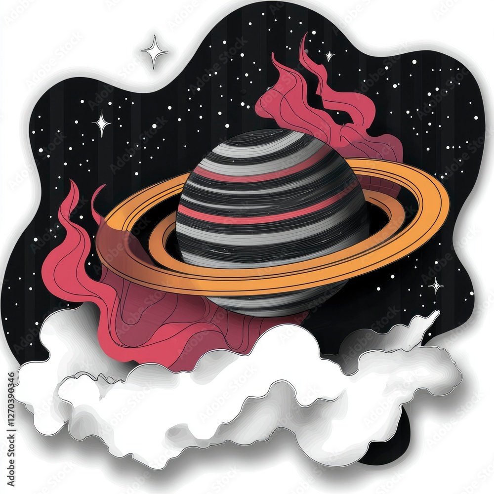 Wall mural celestial planet with rings in cosmic cloudscape abstract space art
