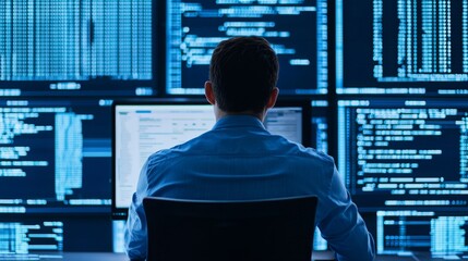 Remote work requires strong security for freelancers concept. A person analyzing data on multiple screens in a dimly lit environment.