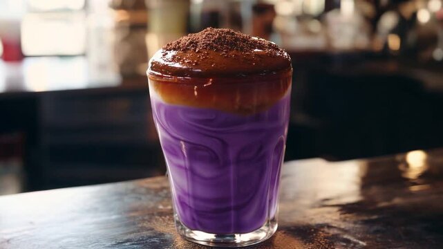 Delicious ube latte with rich purple hues and velvety milk, dusted with cinnamon, served in a warm caf&eacute; setting. A perfect fusion of flavor and aesthetics. Video made using Generative AI.