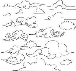 Set of hand drawn clouds in line art style with black lines in vector