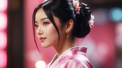Naklejka premium Portrait of Japanese girl in kimono. Profile face close up. Abstract blurry pink background.