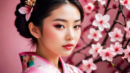 Fototapeta premium Portrait of Japanese girl in kimono with cherry blossoms. Abstract blurry pink background.