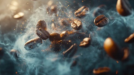 Macro shot of aromatic roasted coffee beans with rising steam, capturing the warmth and richness of freshly brewed coffee